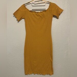 Ambiance Mustard and White Striped Off-Shoulder Midi Dress Size Small